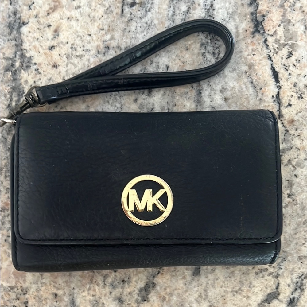 Michael Kors Black Leather Wristlet with Gold Logo